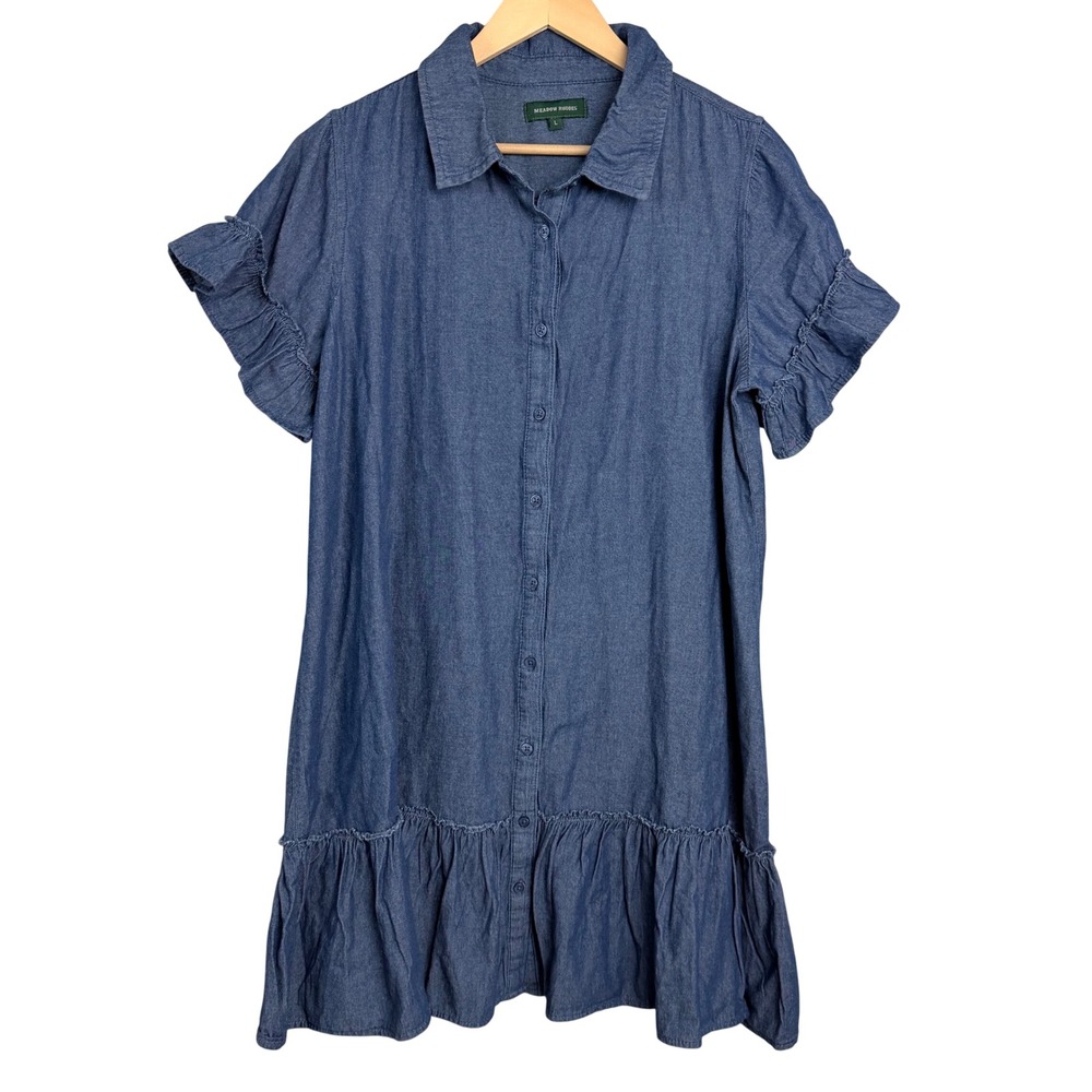 Meadow Rhodes Blue Chambray Ruffle Shirt Dress Large Short Sleeve Button Up‎